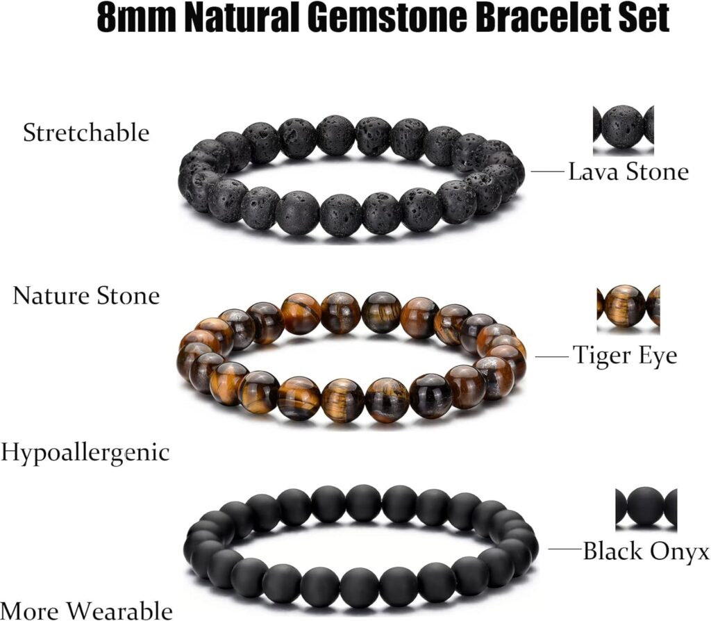Bracelet œil de tigre pour hommes, ensemble de bracelets de perles en pierre naturelle de 8MM, bracelets extensibles en pierre de lave, réglables, en perles de cristal noir, cadeaux pour hommes