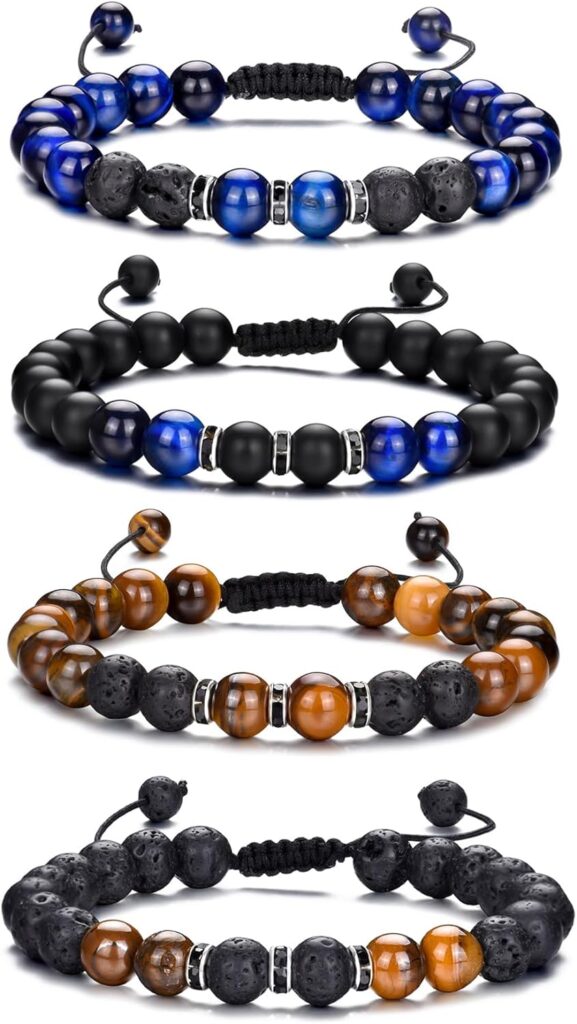 Bracelet œil de tigre pour hommes, ensemble de bracelets de perles en pierre naturelle de 8MM, bracelets extensibles en pierre de lave, réglables, en perles de cristal noir, cadeaux pour hommes