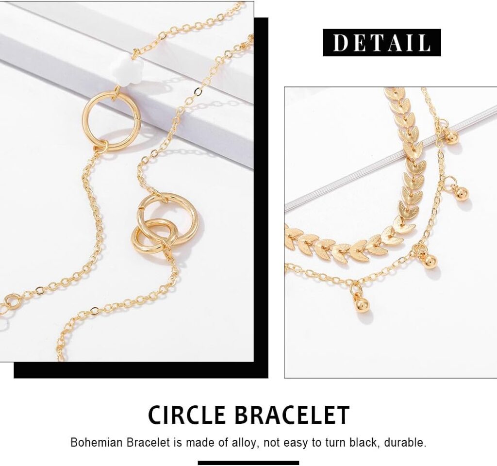 Branets Lot de 5 bracelets perles à main argent avec leaf et circle bracelet chaîne de main pour femmes et filles