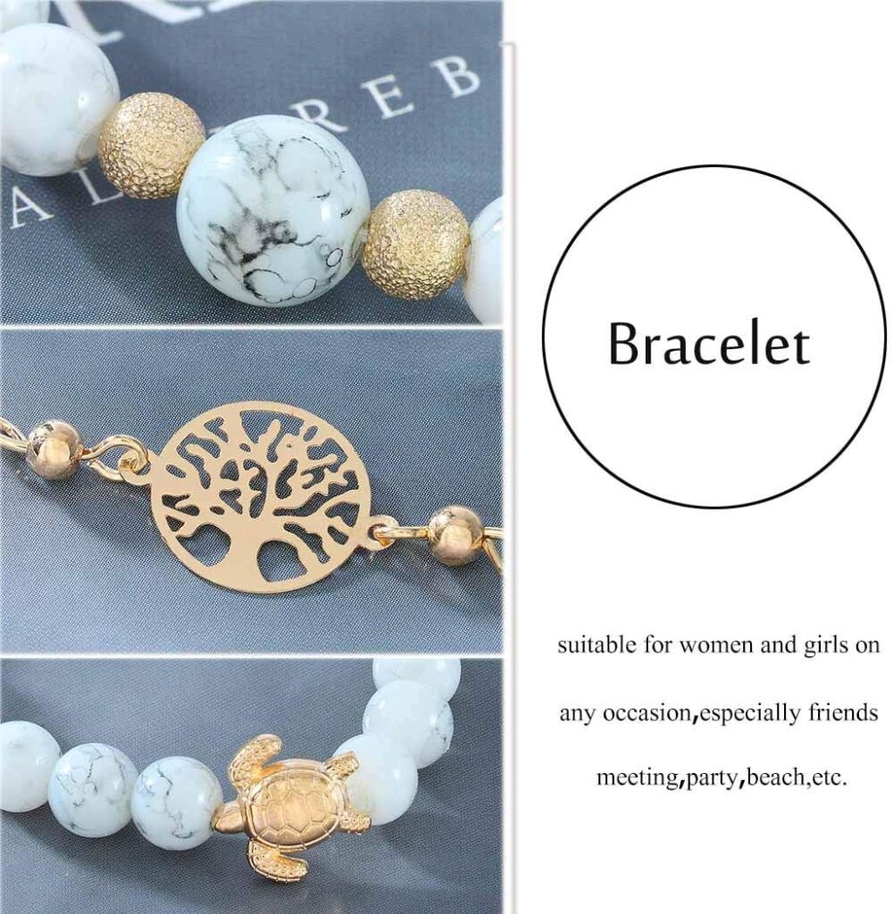 Edary Lot de 4 bracelets arbre de vie tortue de marbre naturelle perles à la main pour les femmes et les filles