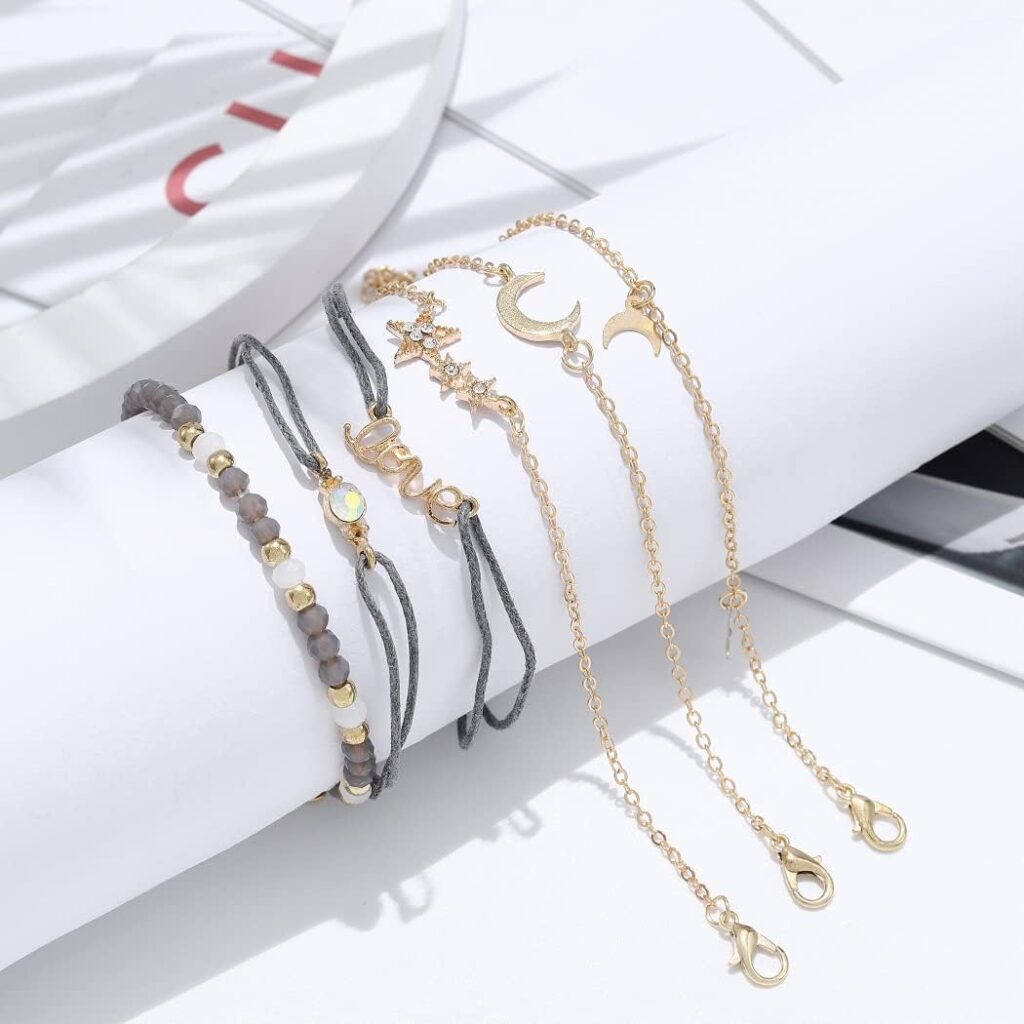 Edary Lot de 6 bracelets boho Étoiles et lune en cristal et pierres précieuses bracelet Doré perles fait à la main chaîne pour femmes et fille