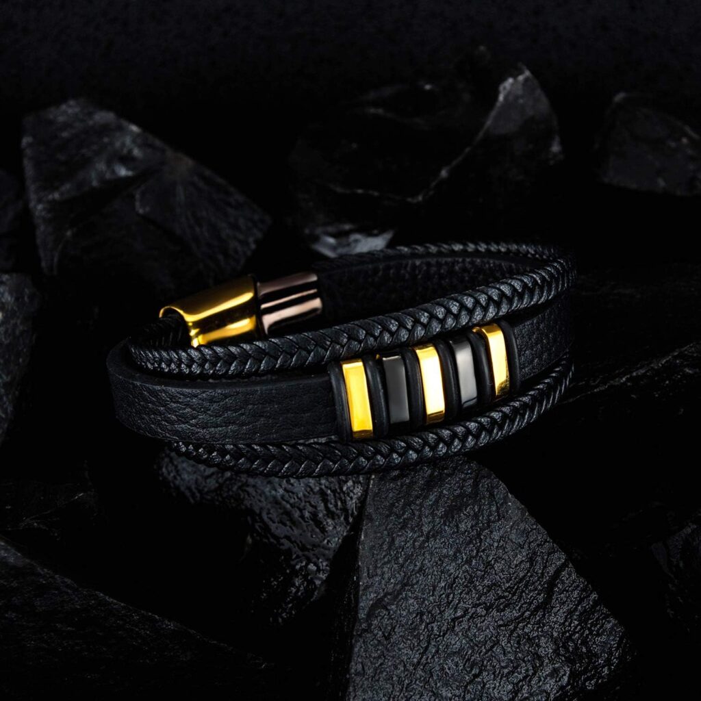 Gkmamrg Bracelet en cuir noir pour homme - Cadeau Homme 22.5cm