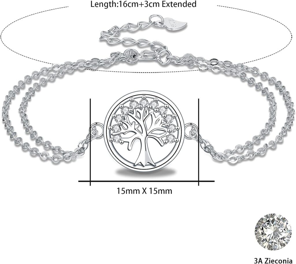 J.MUEN Bracelet Arbre de Vie Pour Femme Argent Sterling 925 avec Zirconium Bracelets Réglable 16+ 4cm pour Femmes Cadeau