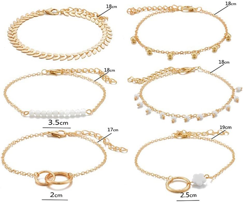 Jovono Lot de 6 bracelets ronds bohèmes en perles dorées avec chaîne à main pour femmes et filles