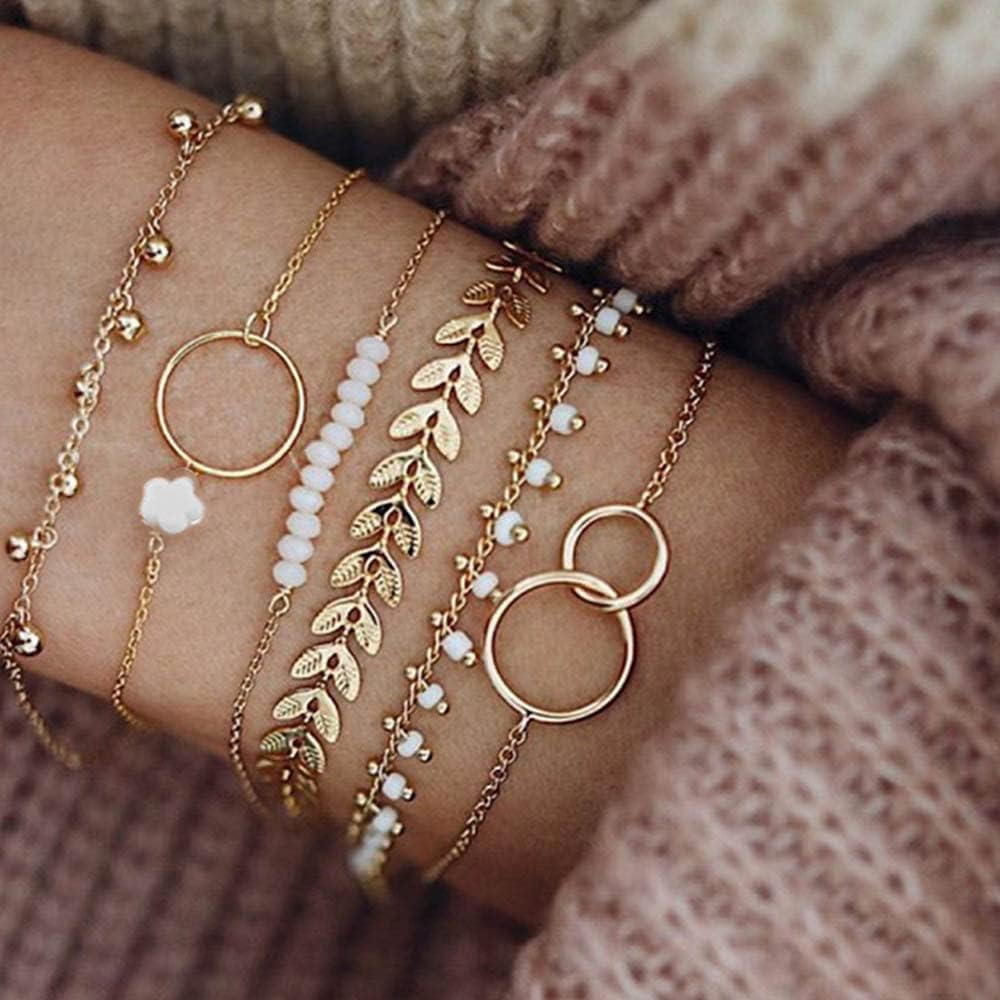 Jovono Lot de 6 bracelets ronds bohèmes en perles dorées avec chaîne à main pour femmes et filles