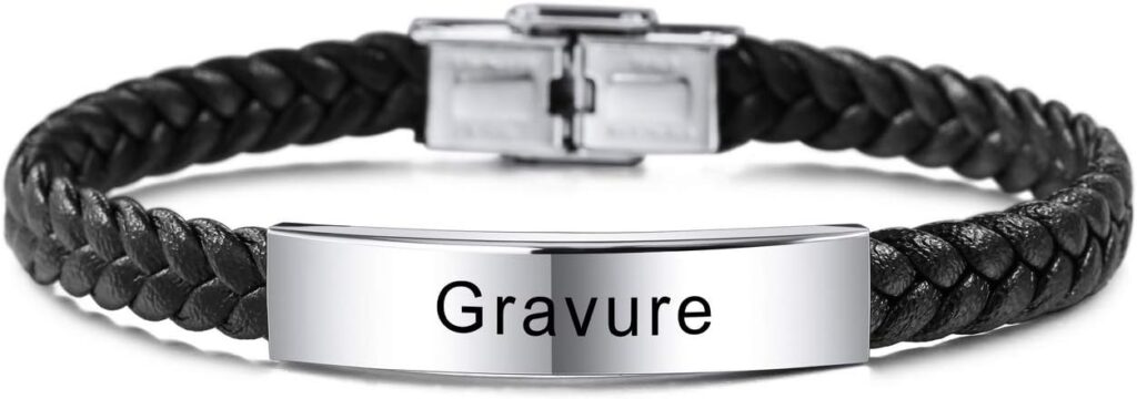 MeMeDIY Bracelet en Cuir Personnalisé Gravure Nom Date ID pour Hommes Femmes Garçon Fille Meilleur Ami en Acier Inoxydable Manchette Tressée Réglable Amour Anniversaire Bijoux Cadeau