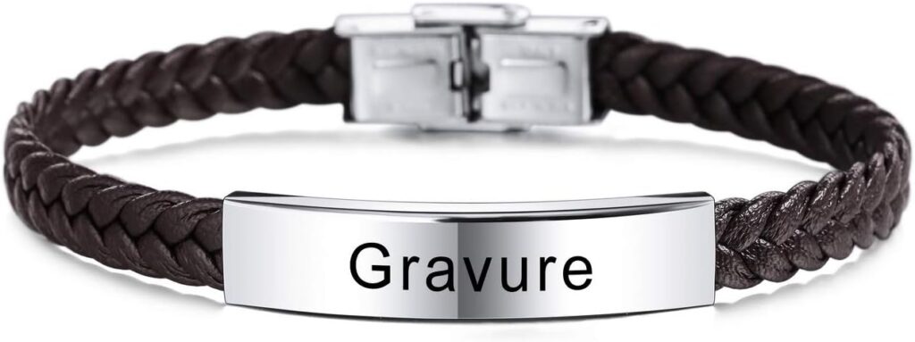 MeMeDIY Bracelet en Cuir Personnalisé Gravure Nom Date ID pour Hommes Femmes Garçon Fille Meilleur Ami en Acier Inoxydable Manchette Tressée Réglable Amour Anniversaire Bijoux Cadeau