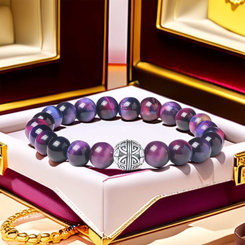 MetJakt Naturelles 8mm Pierres Bracelet précieuses de avec Cristal Bangle en perles avec pendentif en Argent Sterling 925 Pendentif Double Bonheur