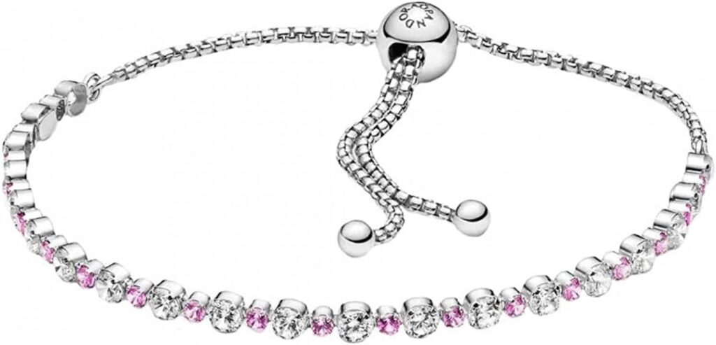 Pandora Bracelet en argent avec pierres roses étincelantes, métal précieux, oxyde de zirconium