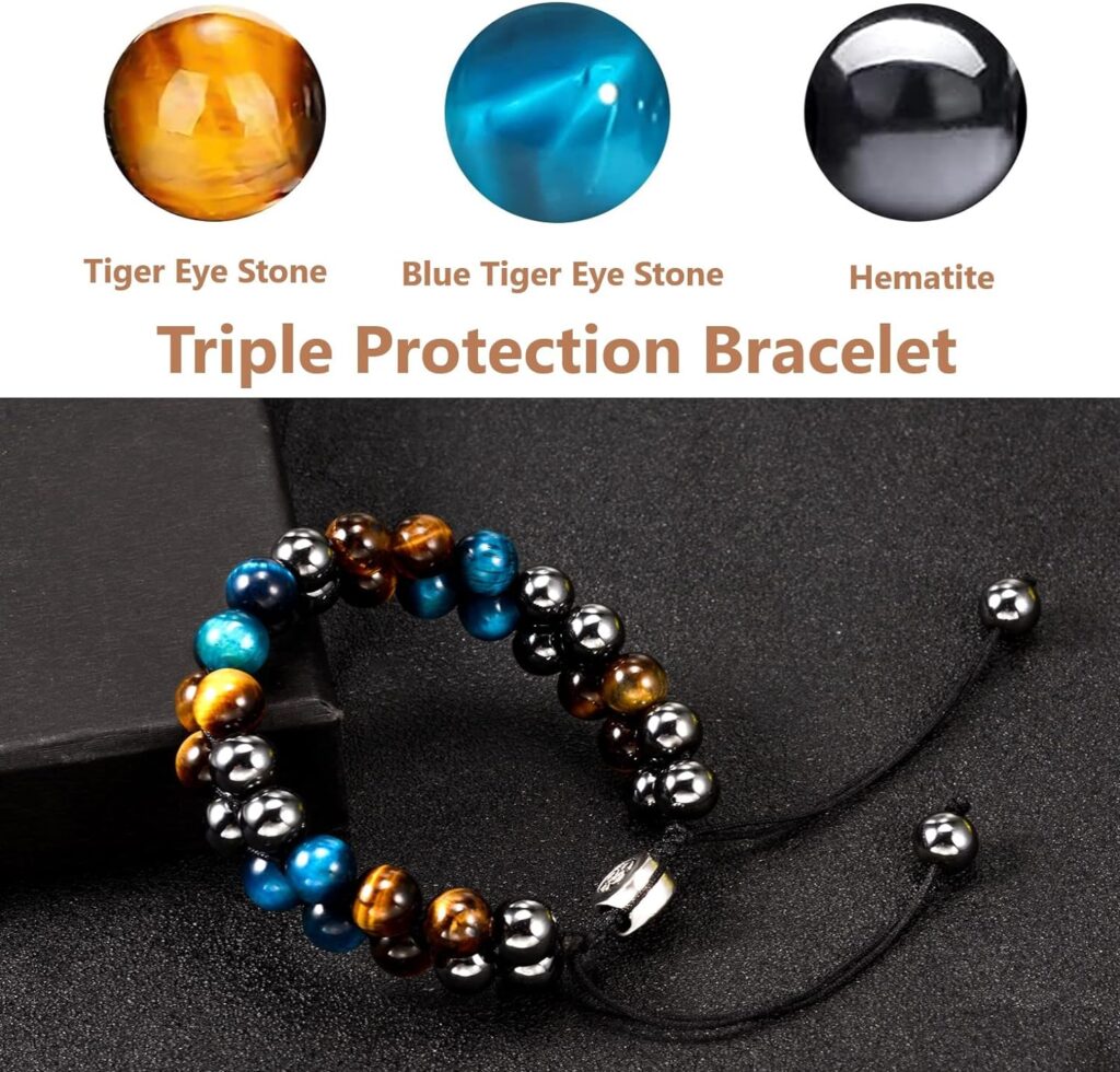 VGWON Bracelet Triple Protection pour Homme Femme 8/10mm HéMatite Noire et Bleue Oeil de Tigre Bracelet de Perles en Pierre Naturelle pour Homme Femme Bonne Chance et ProspéRité